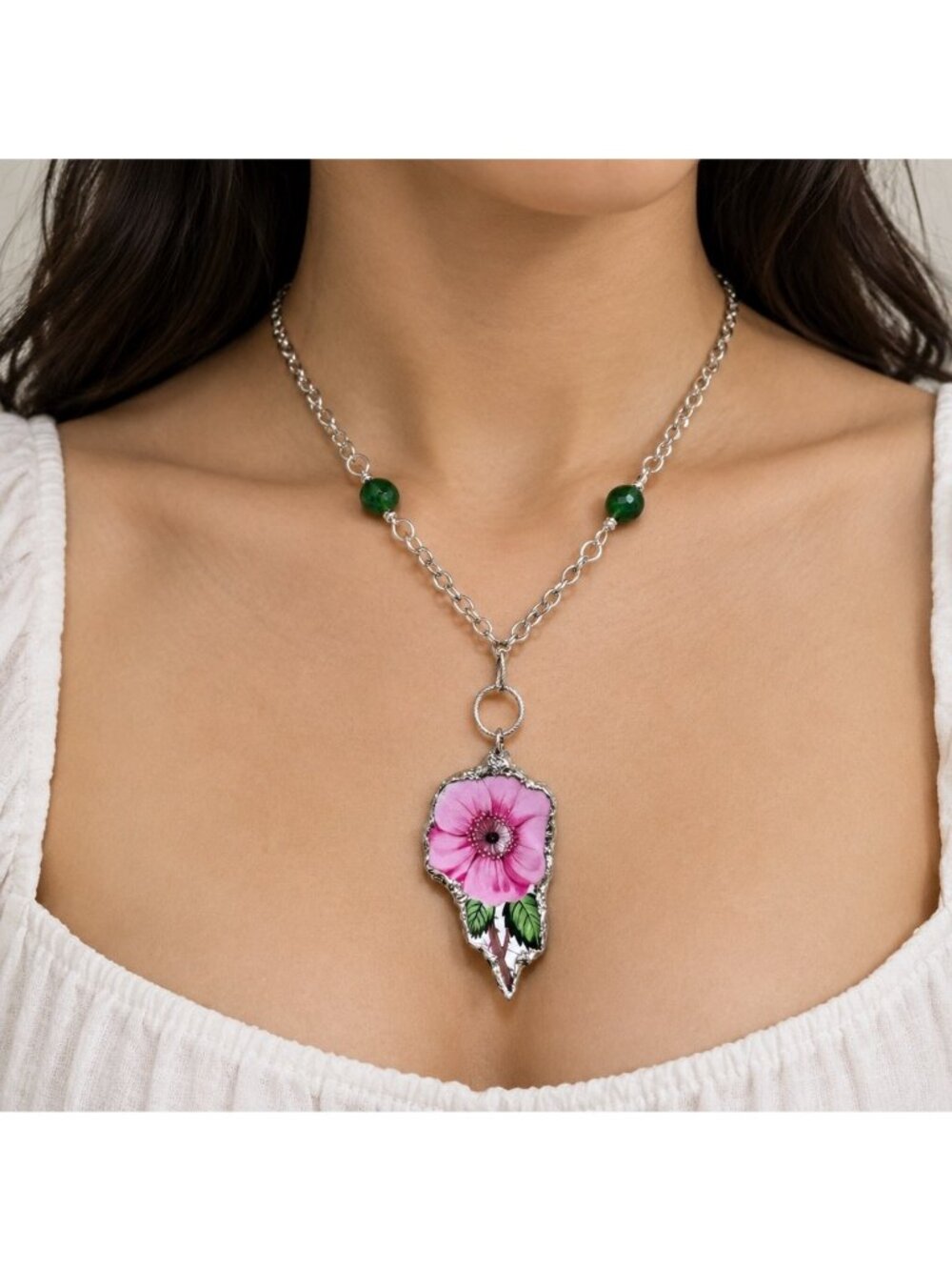 Pink Floral Broken China & Aventurine Necklace | Alma Antigua